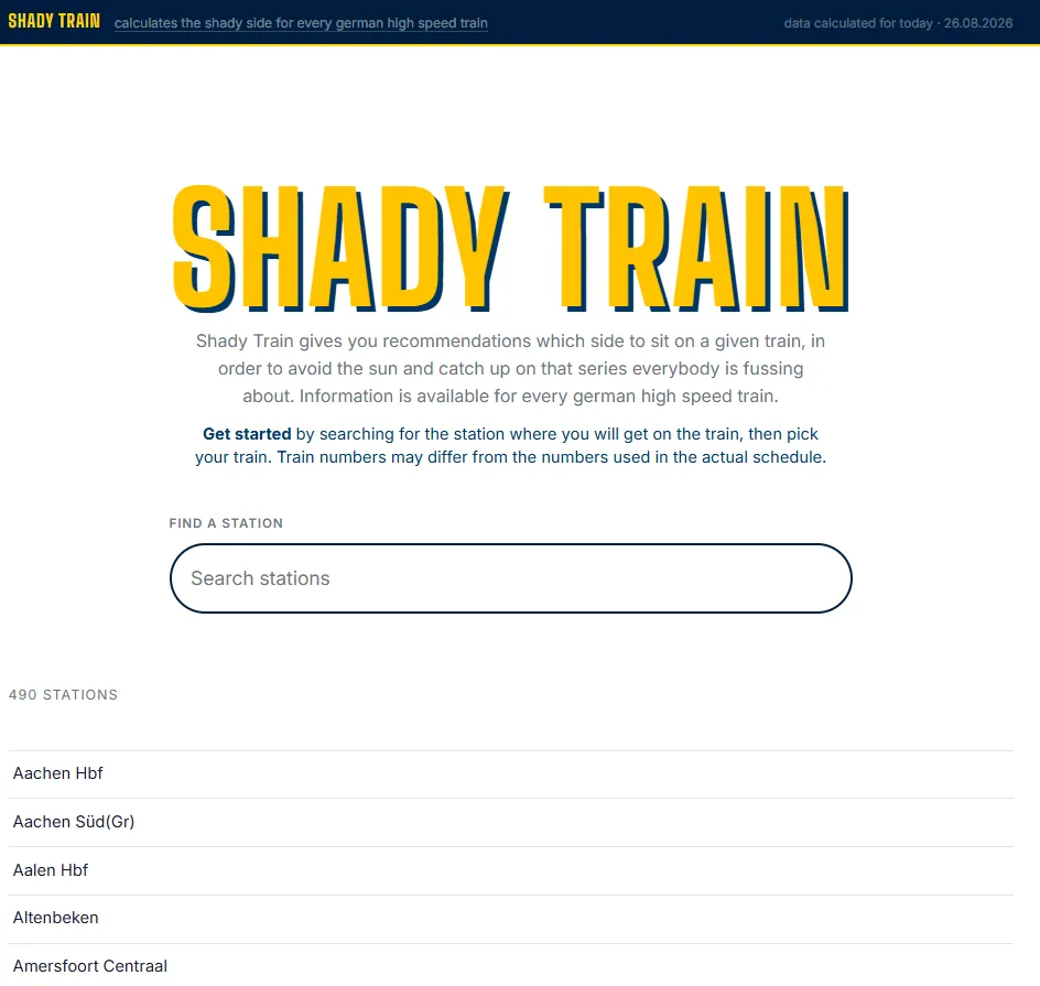 Shady Train landing page giving an overview over all stations